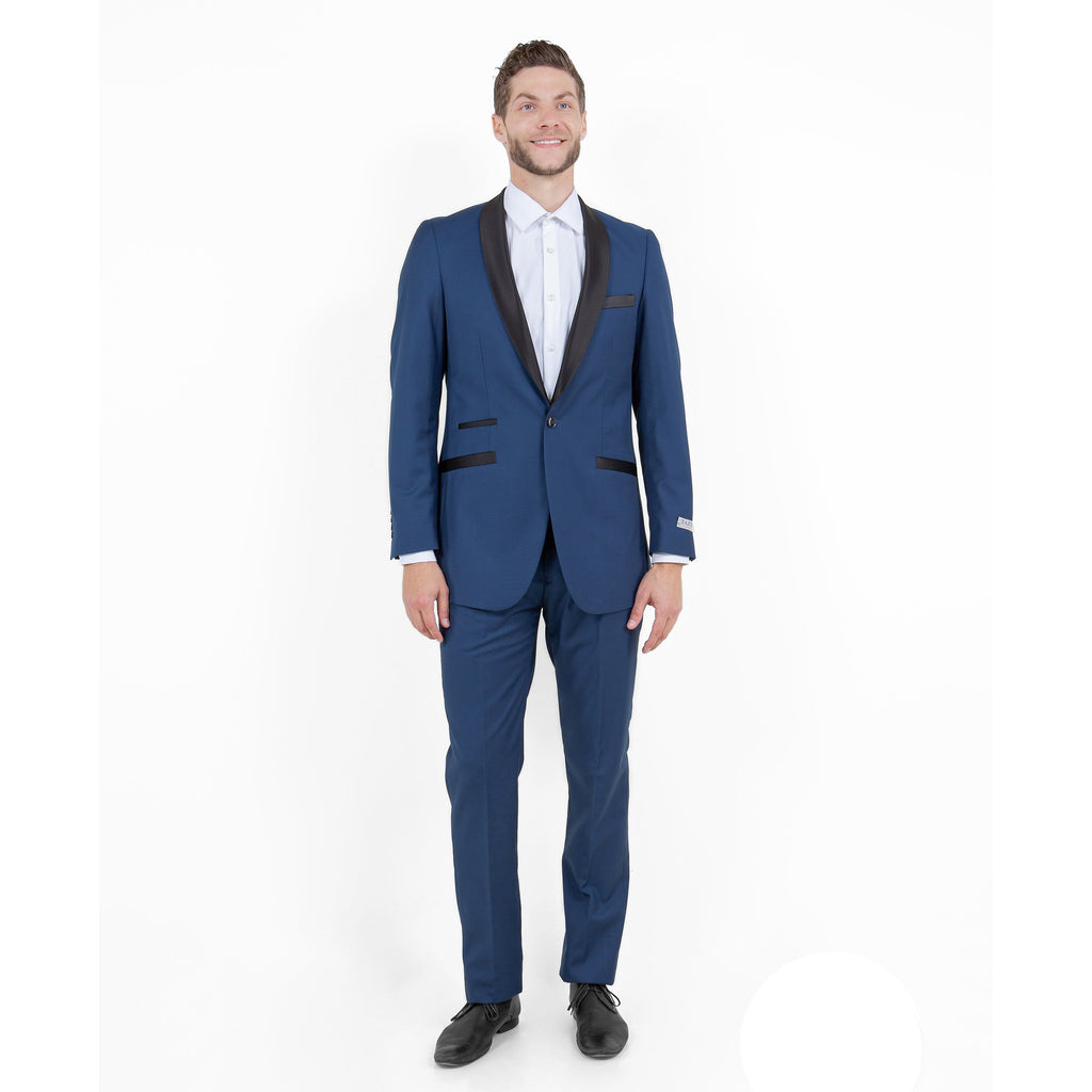 Gray / Black Solid with Black Shawl Collar Trim 2-PC Slim Fit Suits