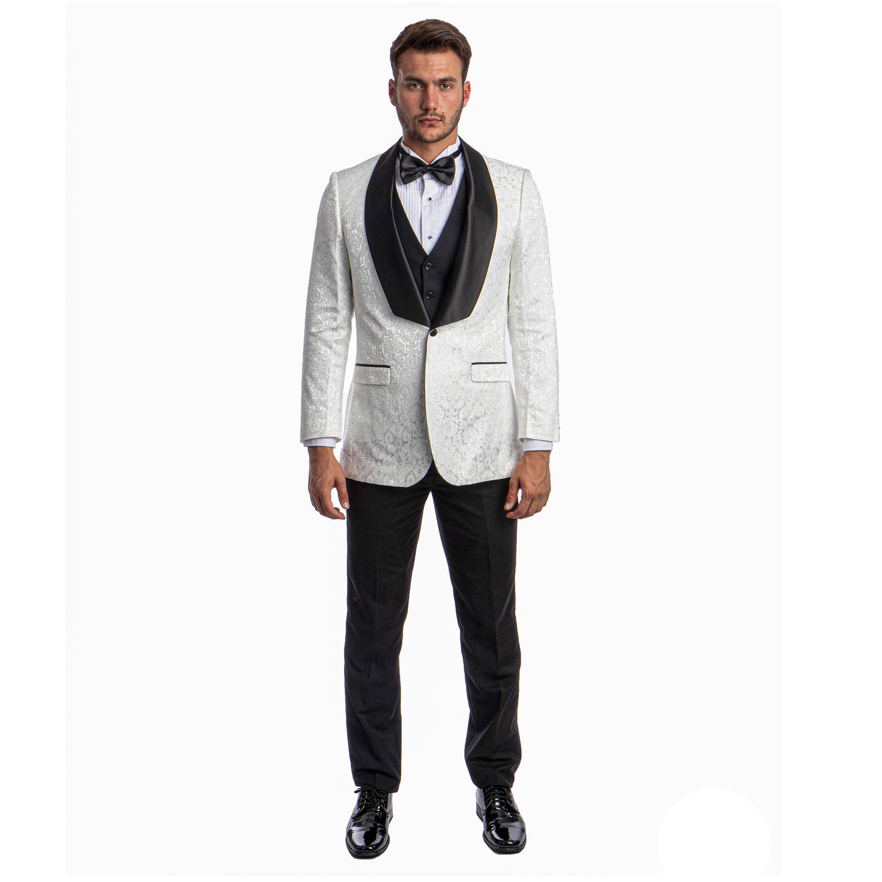 Black Men's Hybrid-Fit 3pc Paisley Suit w/ Wide Black Shawl Collar