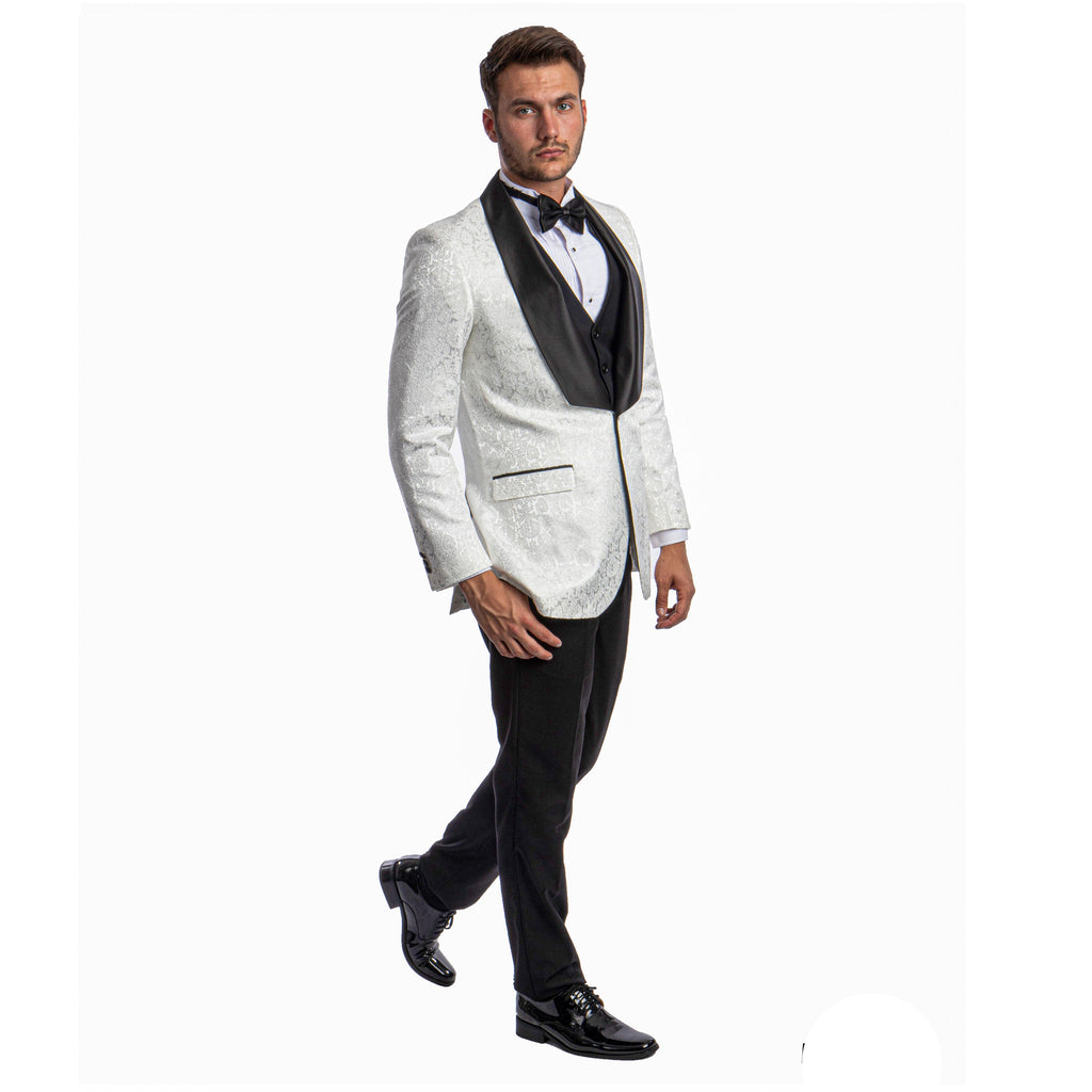 Black Men's Hybrid-Fit 3pc Paisley Suit w/ Wide Black Shawl Collar