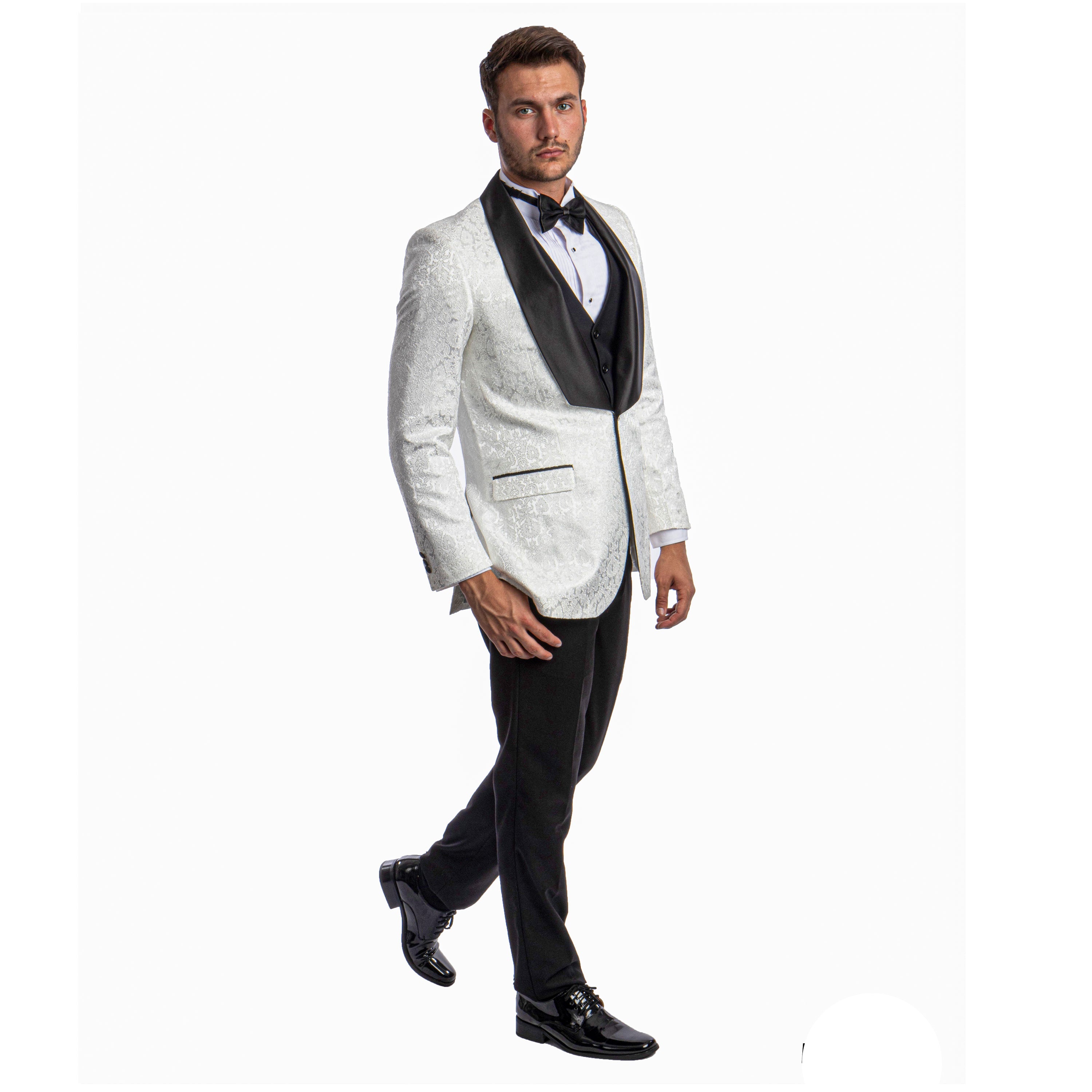 Black Men's Hybrid-Fit 3pc Paisley Suit w/ Wide Black Shawl Collar