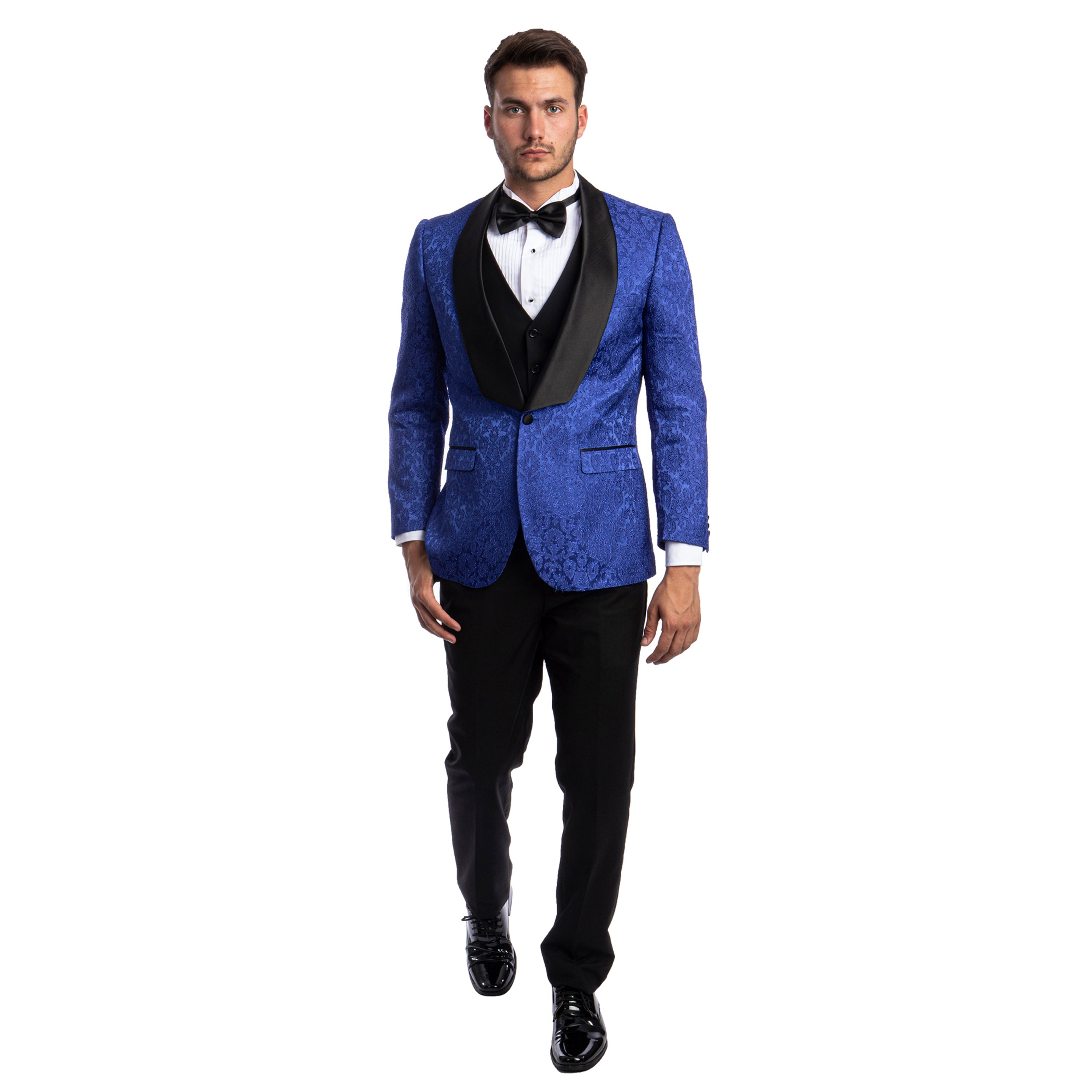 Black Men's Hybrid-Fit 3pc Paisley Suit w/ Wide Black Shawl Collar