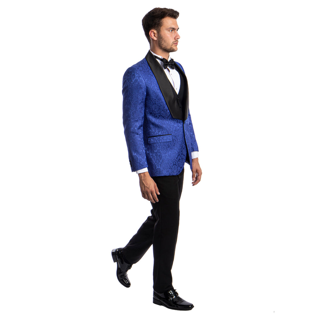 Black Men's Hybrid-Fit 3pc Paisley Suit w/ Wide Black Shawl Collar