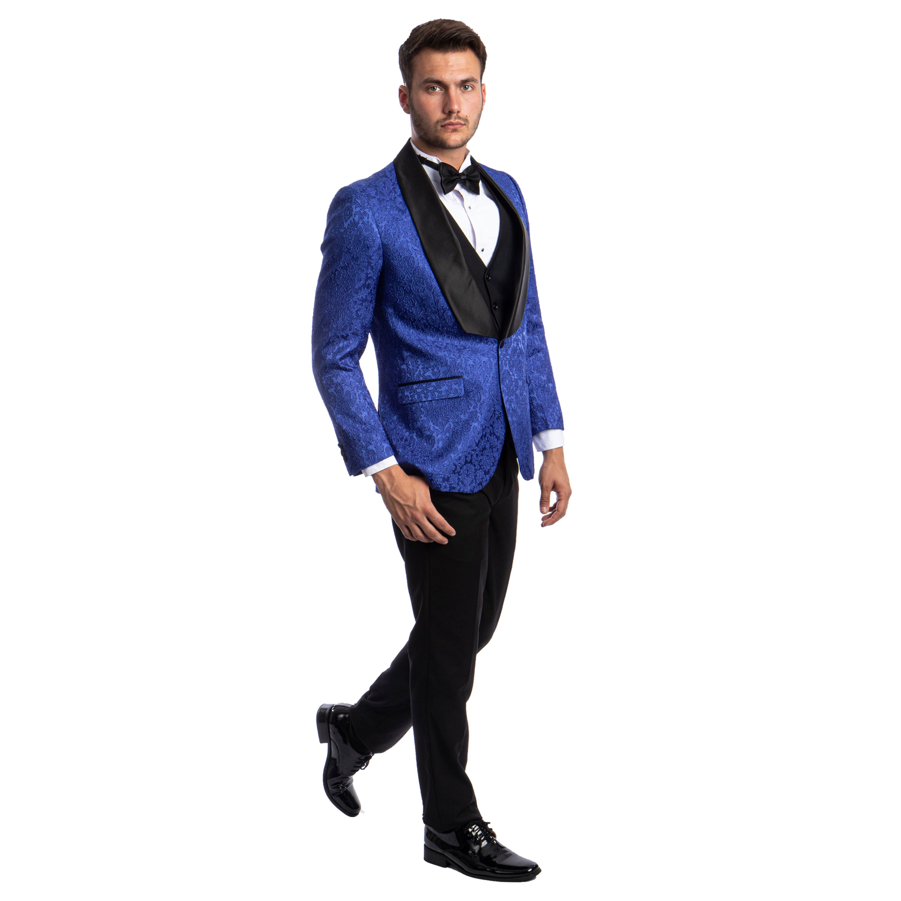 Black Men's Hybrid-Fit 3pc Paisley Suit w/ Wide Black Shawl Collar