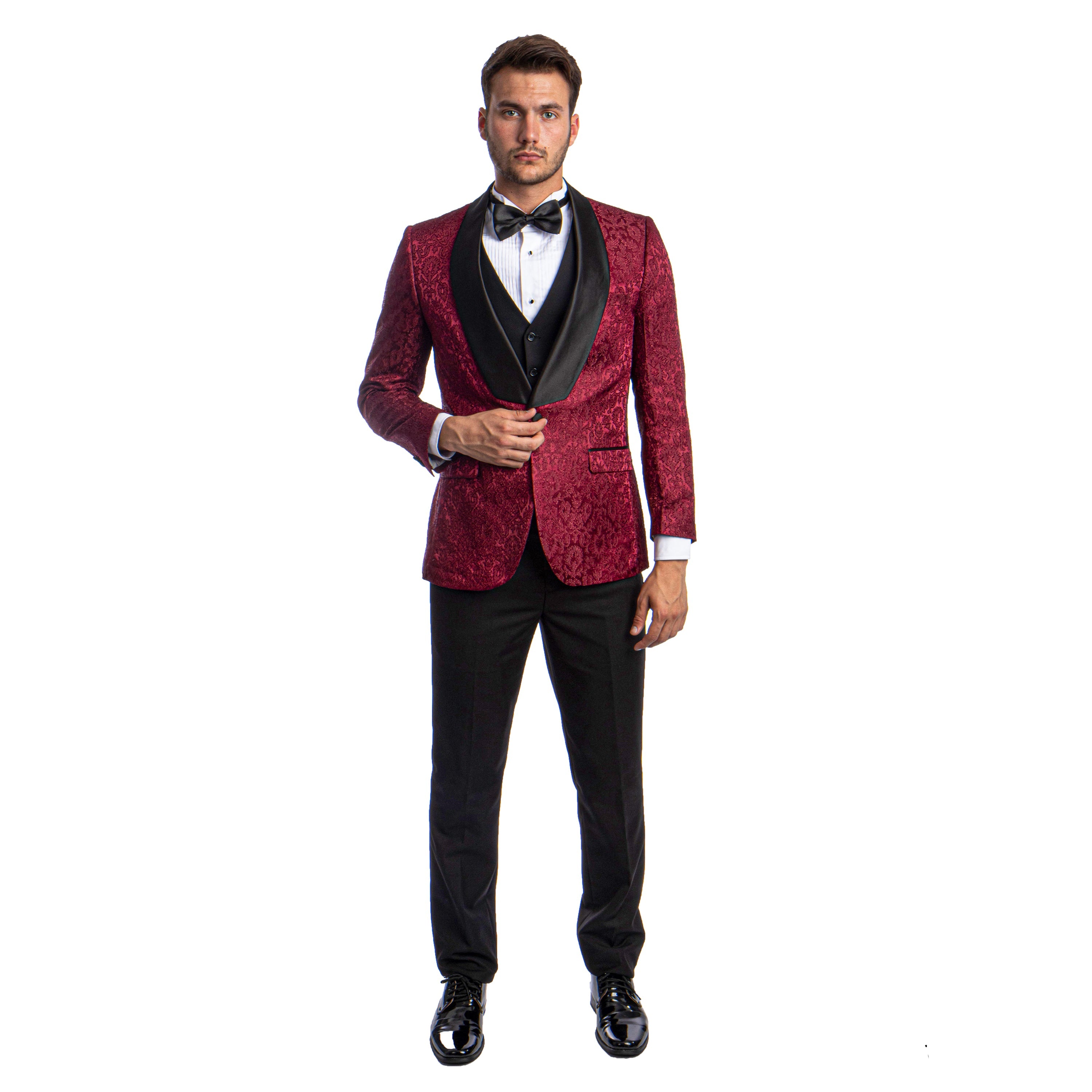 Black Men's Hybrid-Fit 3pc Paisley Suit w/ Wide Black Shawl Collar