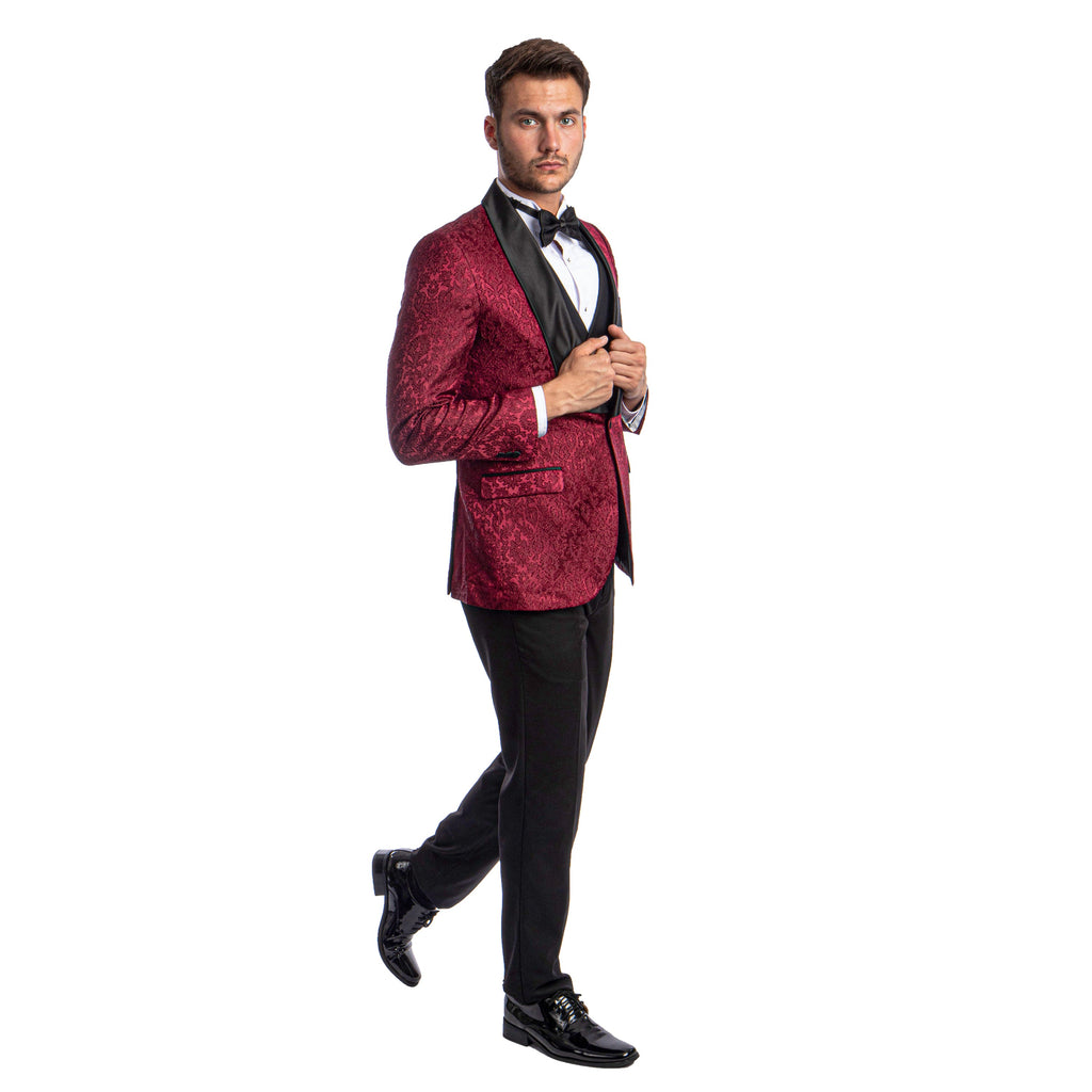 Black Men's Hybrid-Fit 3pc Paisley Suit w/ Wide Black Shawl Collar