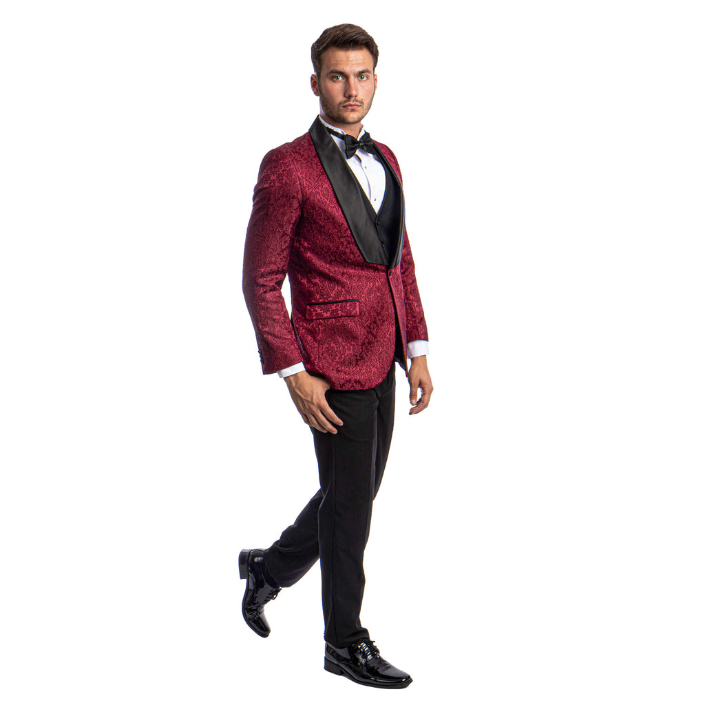 Black Men's Hybrid-Fit 3pc Paisley Suit w/ Wide Black Shawl Collar