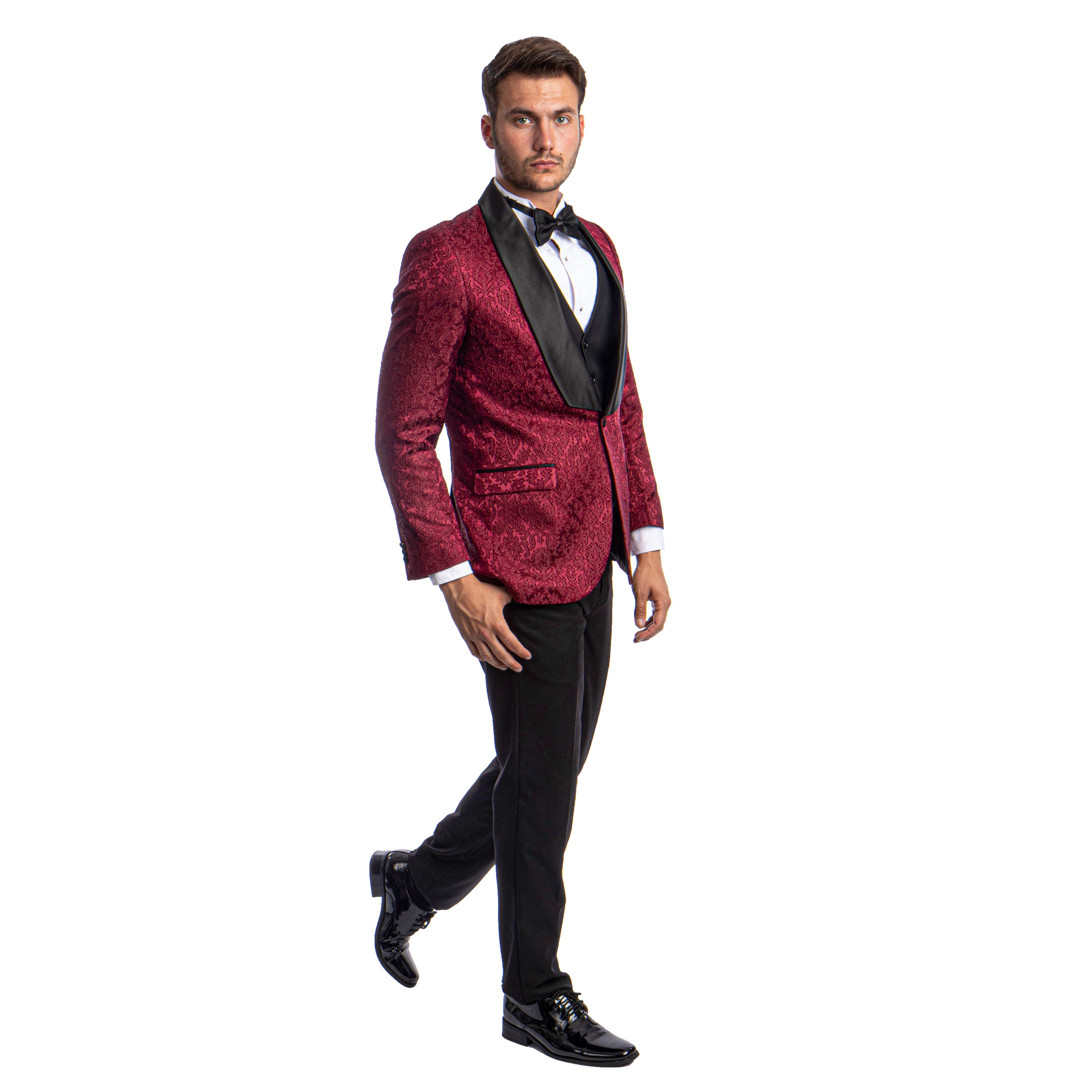 Black Men's Hybrid-Fit 3pc Paisley Suit w/ Wide Black Shawl Collar