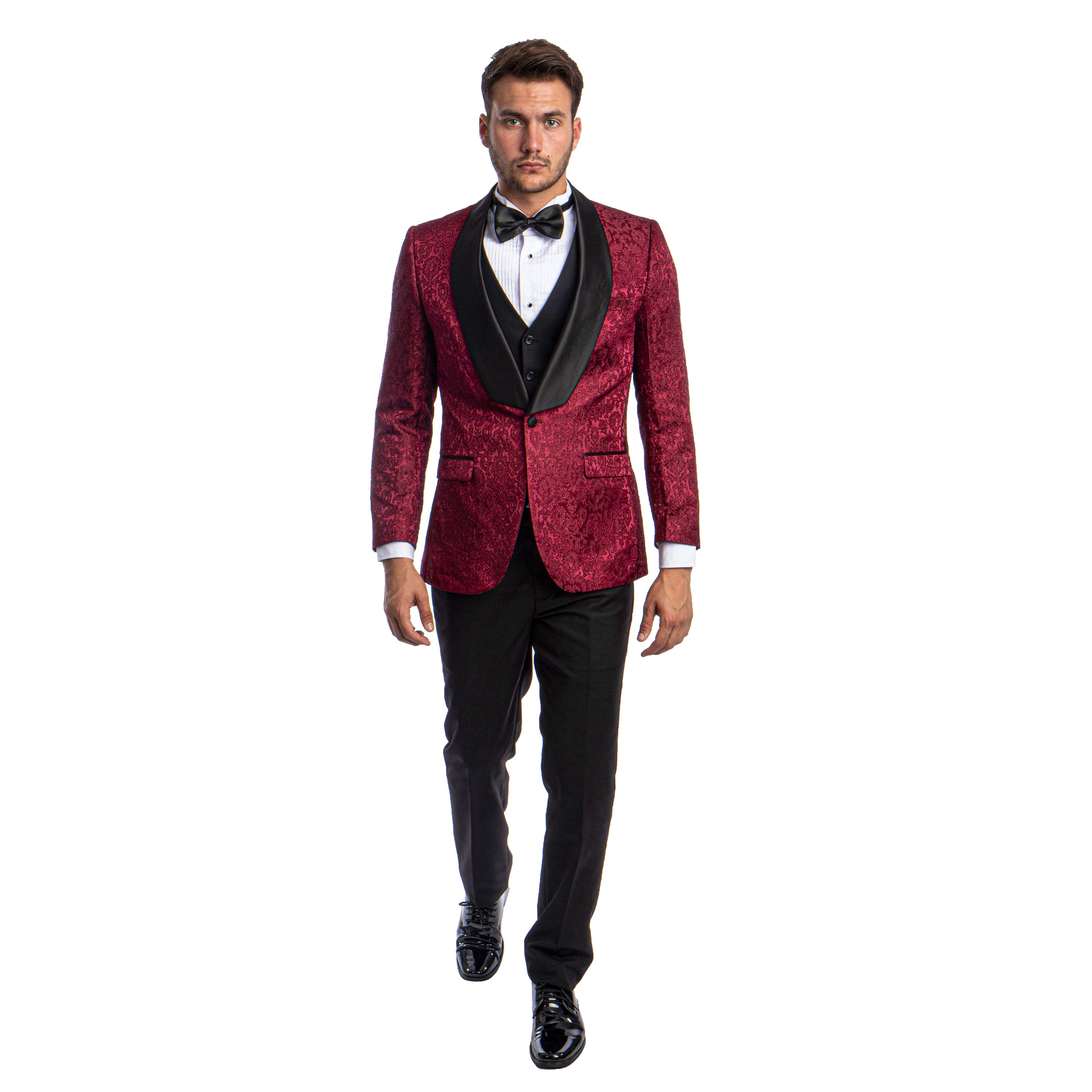 Black Men's Hybrid-Fit 3pc Paisley Suit w/ Wide Black Shawl Collar