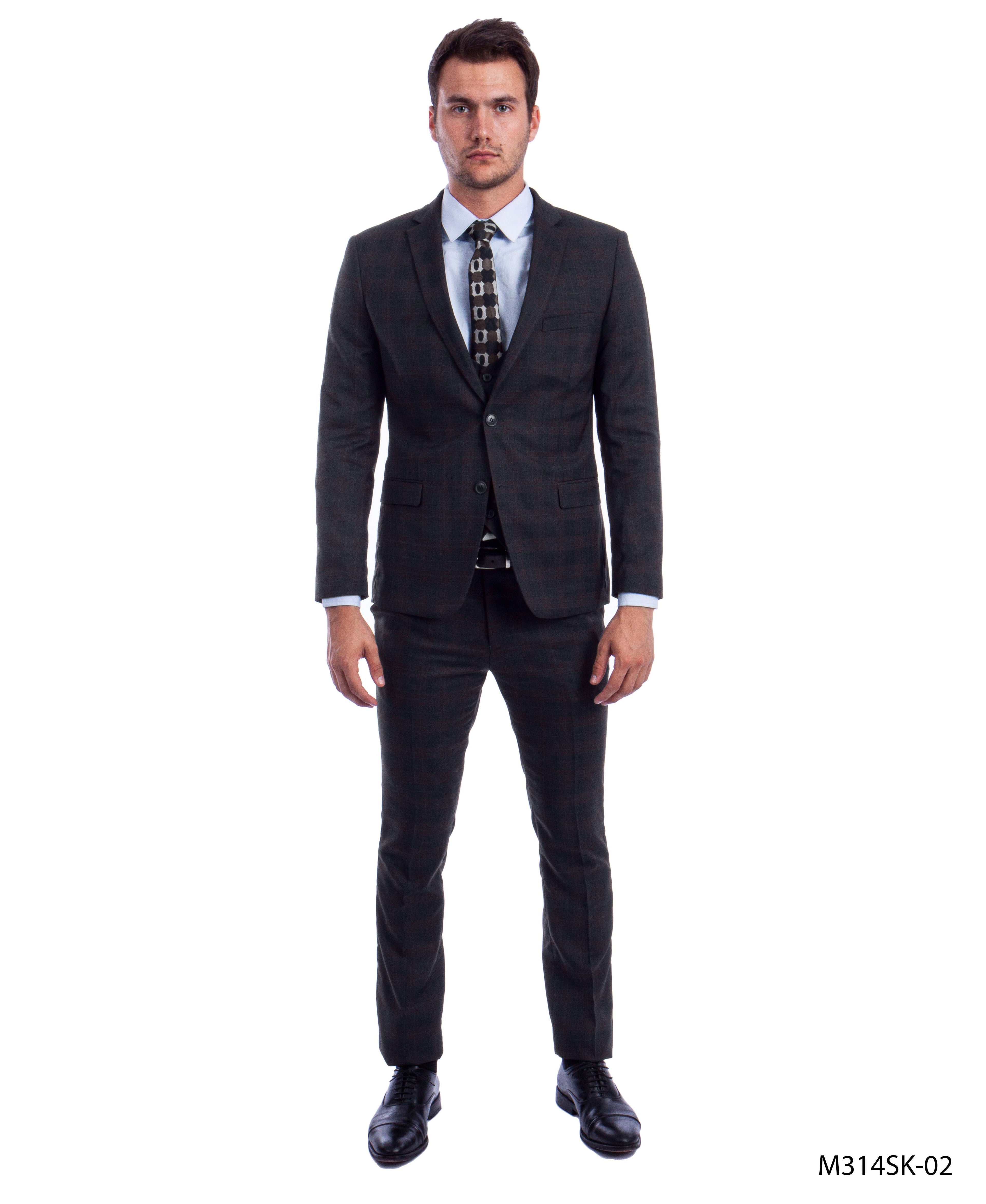 Blue/Brown 3 PC Plaid Suit Skinny Fit Suits