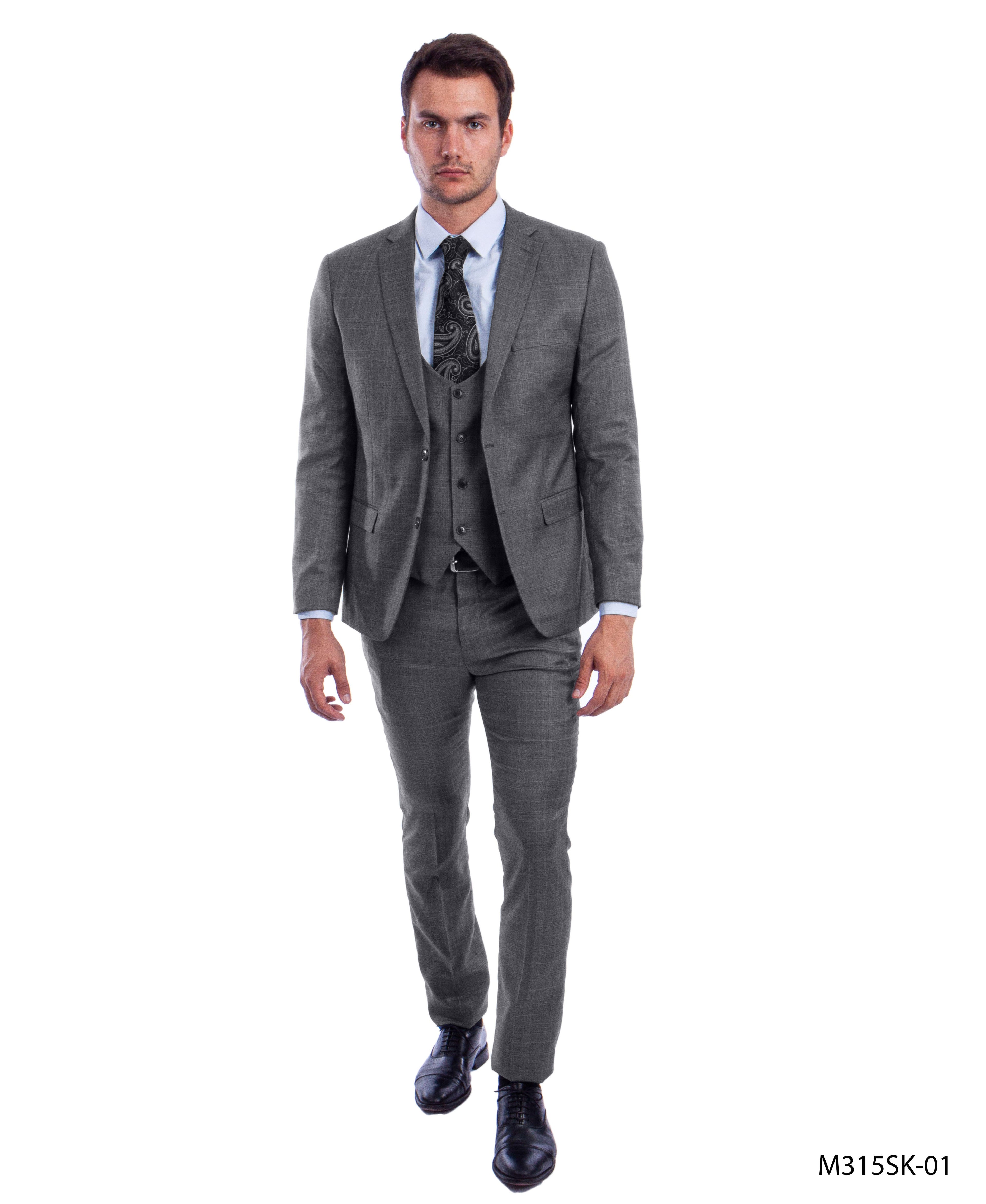 Gray 3 PC Plaid Double Breast Vest Suit Skinny Fit Suits