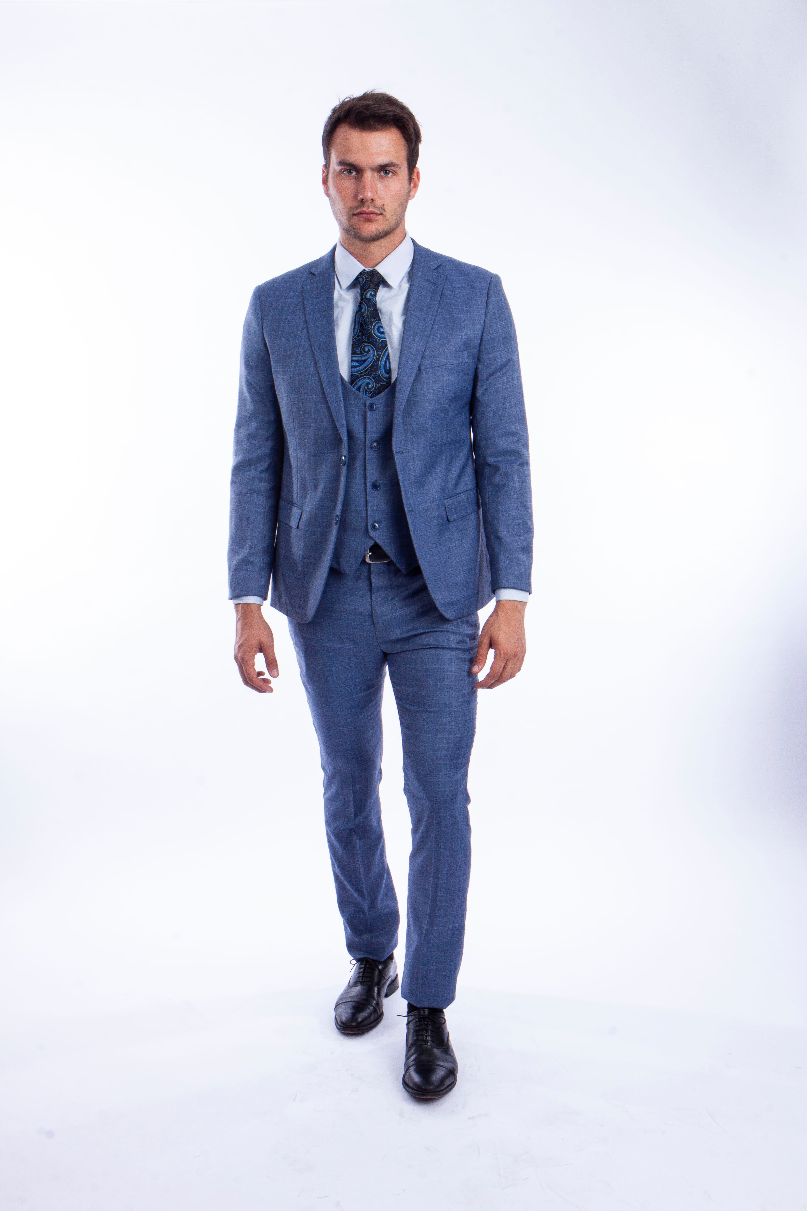Gray 3 PC Plaid Double Breast Vest Suit Skinny Fit Suits