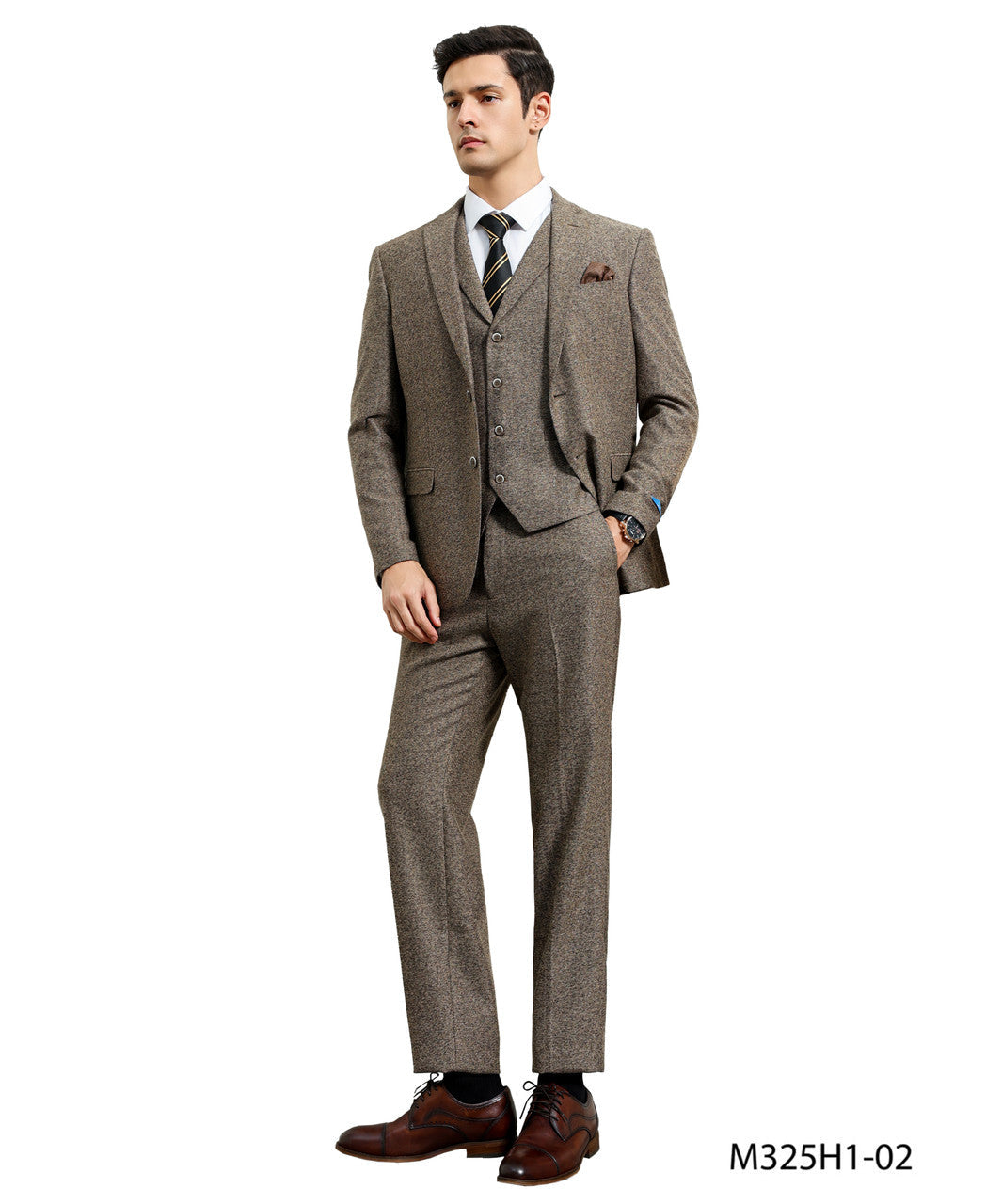 Men's Suit Tweed Light Grey Notch Lapel 3pc Hybrid Fit 3pc Tweed Suits