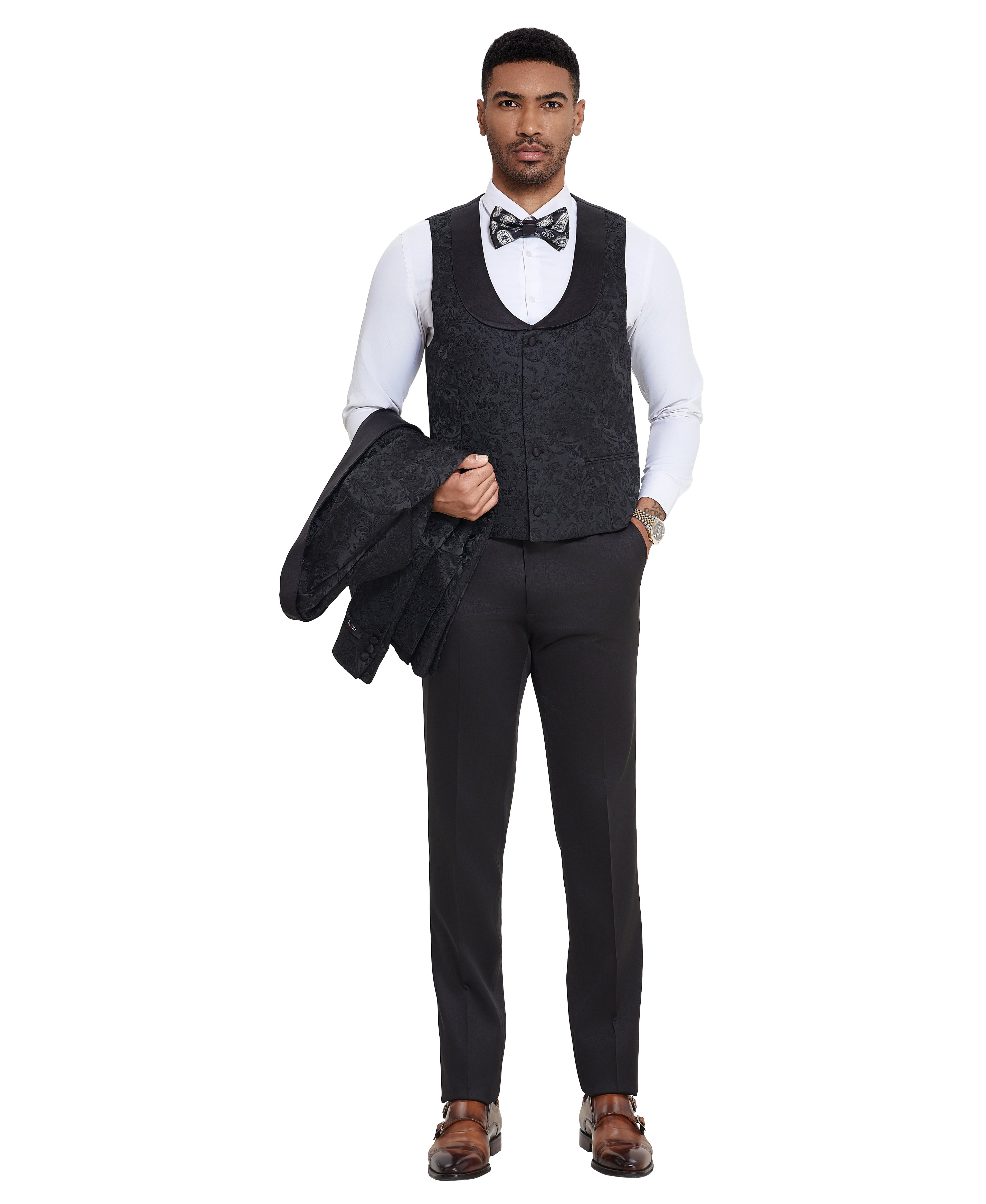 Men's Suit 3pc Paisley Satin Shawl Lapel With Matching Solid Satin Pants Collared Vest For All Occasions