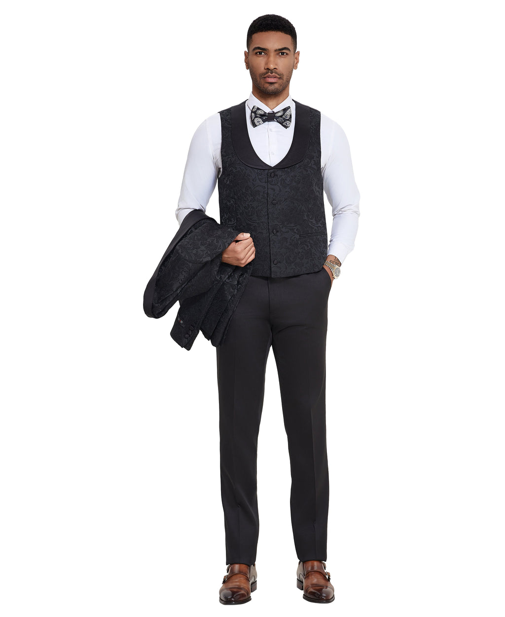 Men's Suit 3pc Paisley Satin Shawl Lapel With Matching Solid Satin Pants Collared Vest For All Occasions