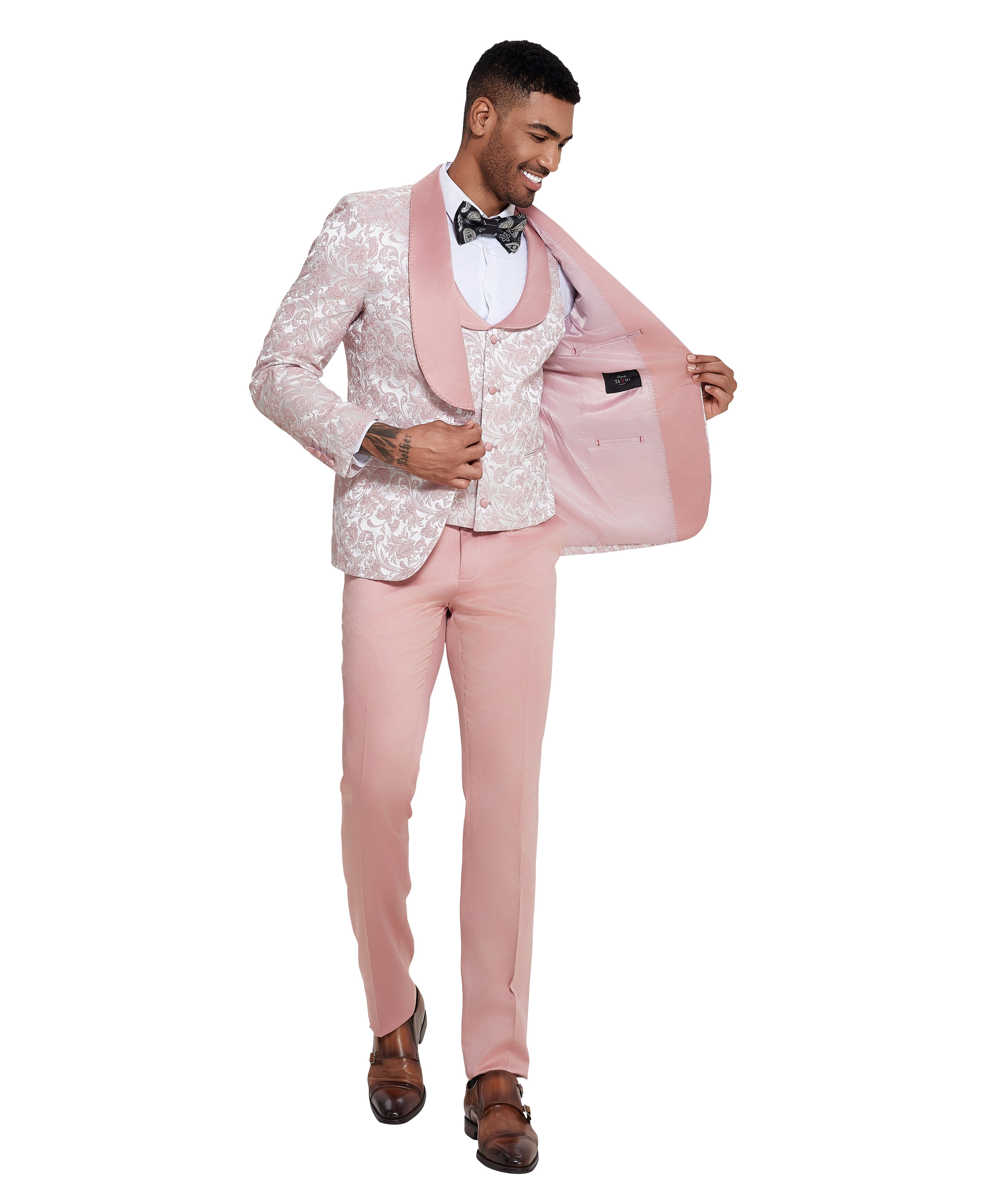 Men's Suit 3pc Paisley Satin Shawl Lapel With Matching Solid Satin Pants Collared Vest For All Occasions