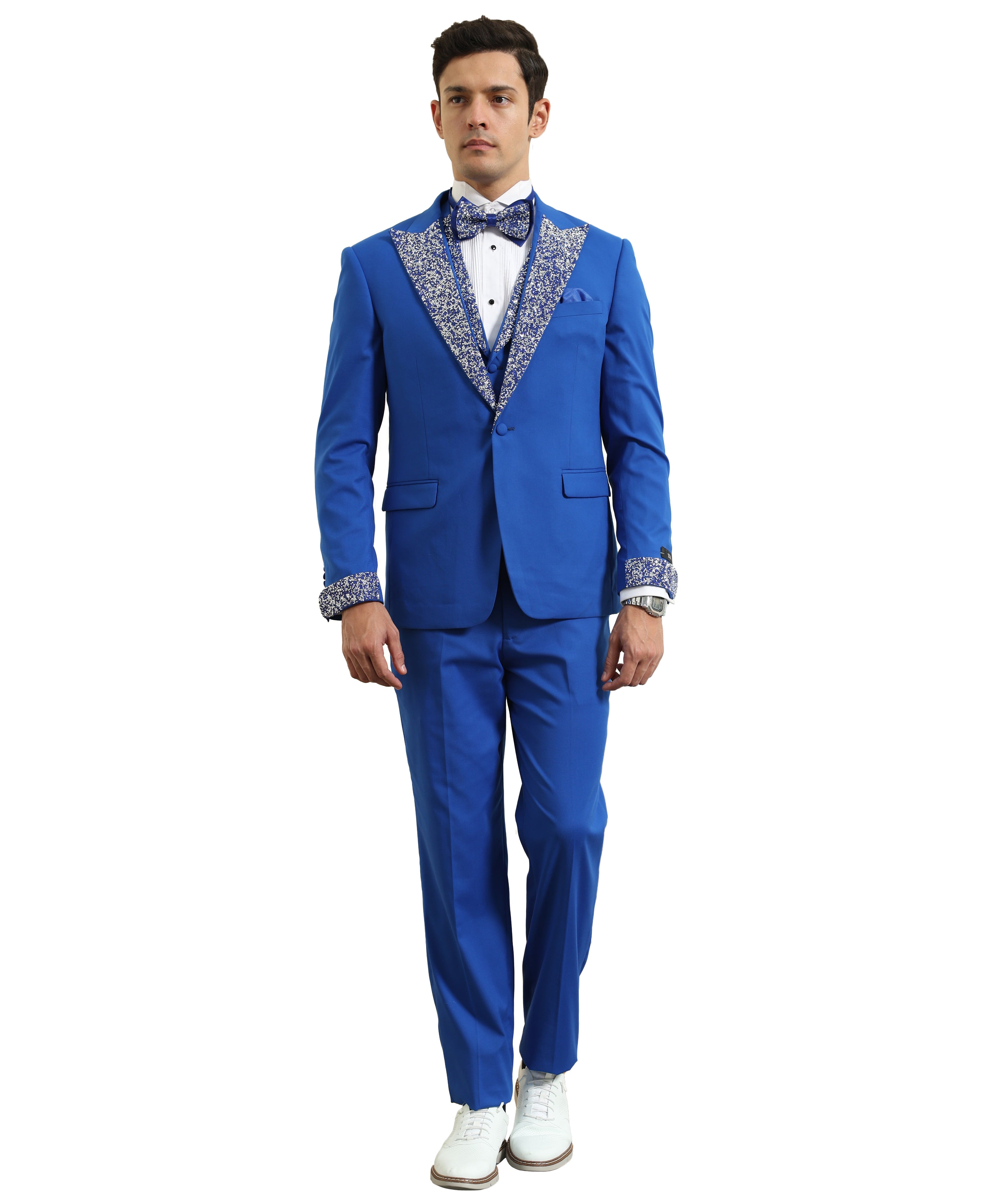 3 PC Solid Satin Rhinestone Peak Lapel Collared Vest Suit